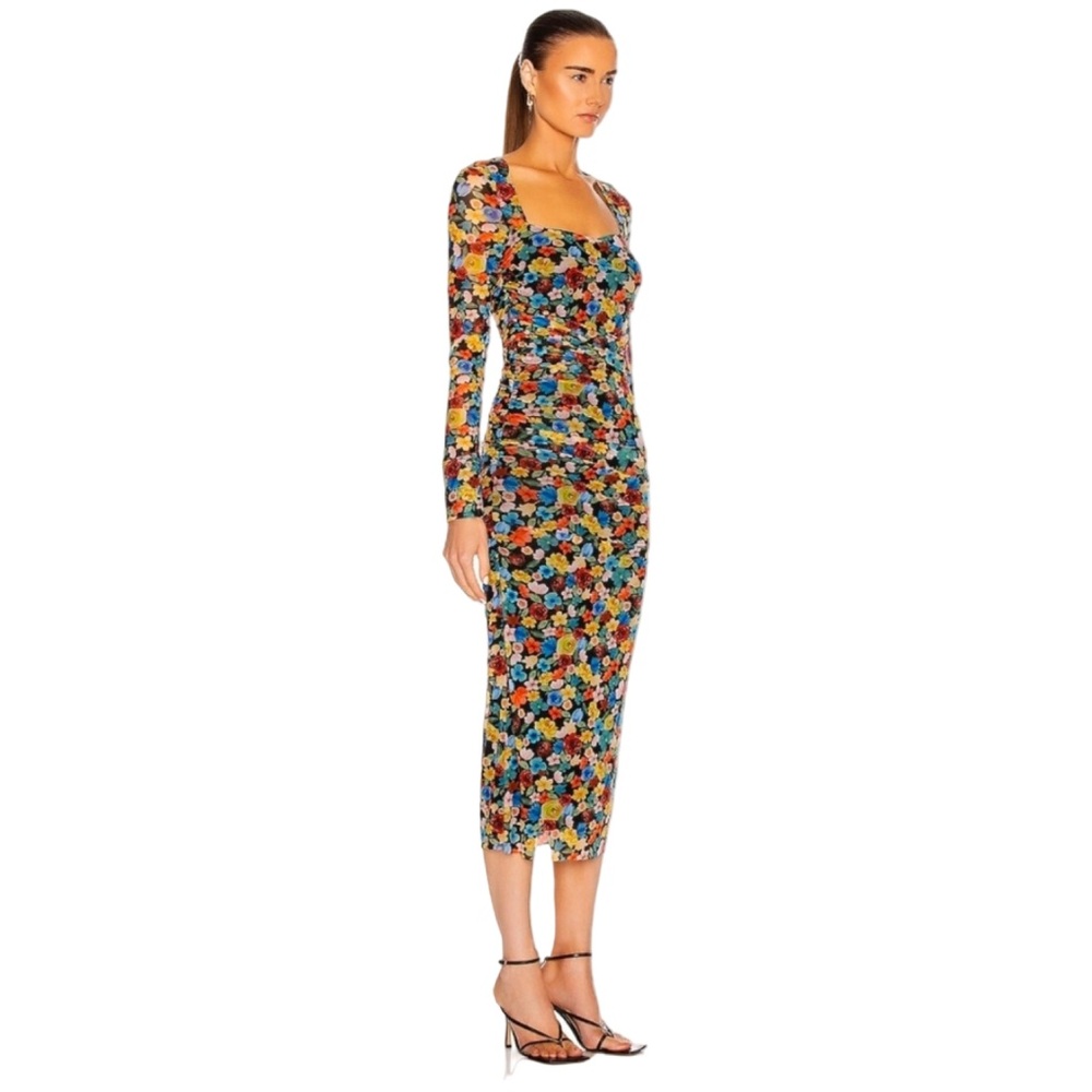 Ganni Mesh Ruched Floral Square-Neck Long Sleeve Midi Dress Size 4 EUC